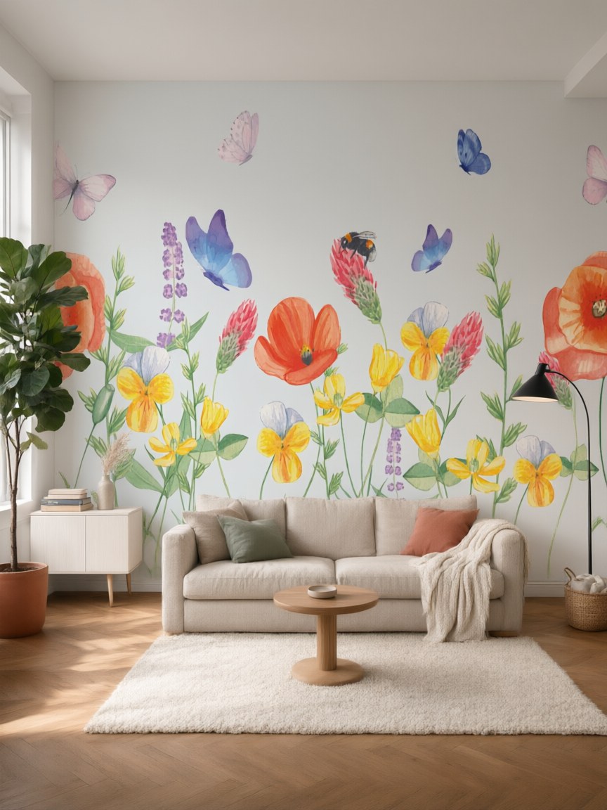 Papier peint panoramique Prairie et papillons posé au mur, vue 5