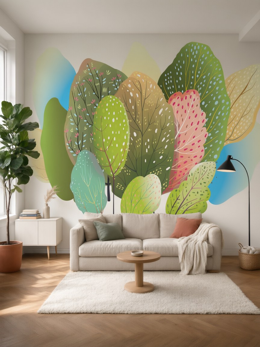 Papier peint panoramique Arbres colorés posé au mur, vue 5