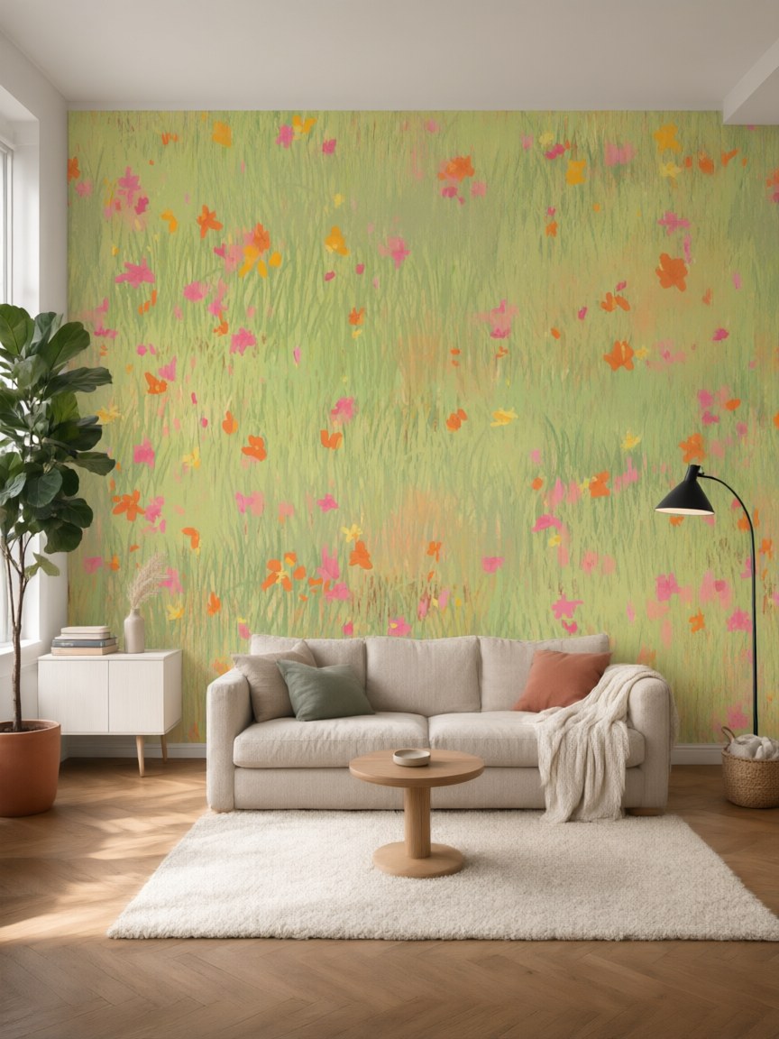 Papier peint panoramique Pré fleuri posé au mur, vue 5