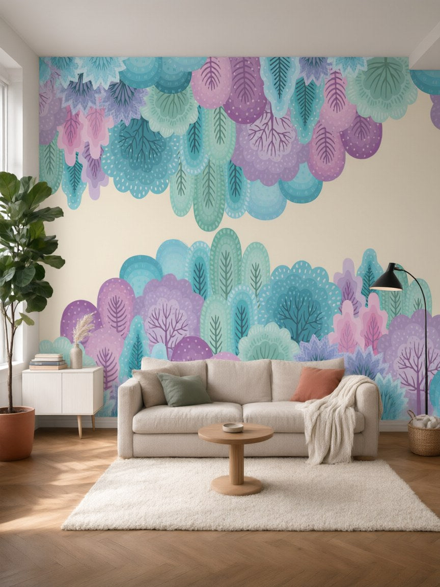 Papier peint panoramique Arbres rêveurs posé au mur, vue 5