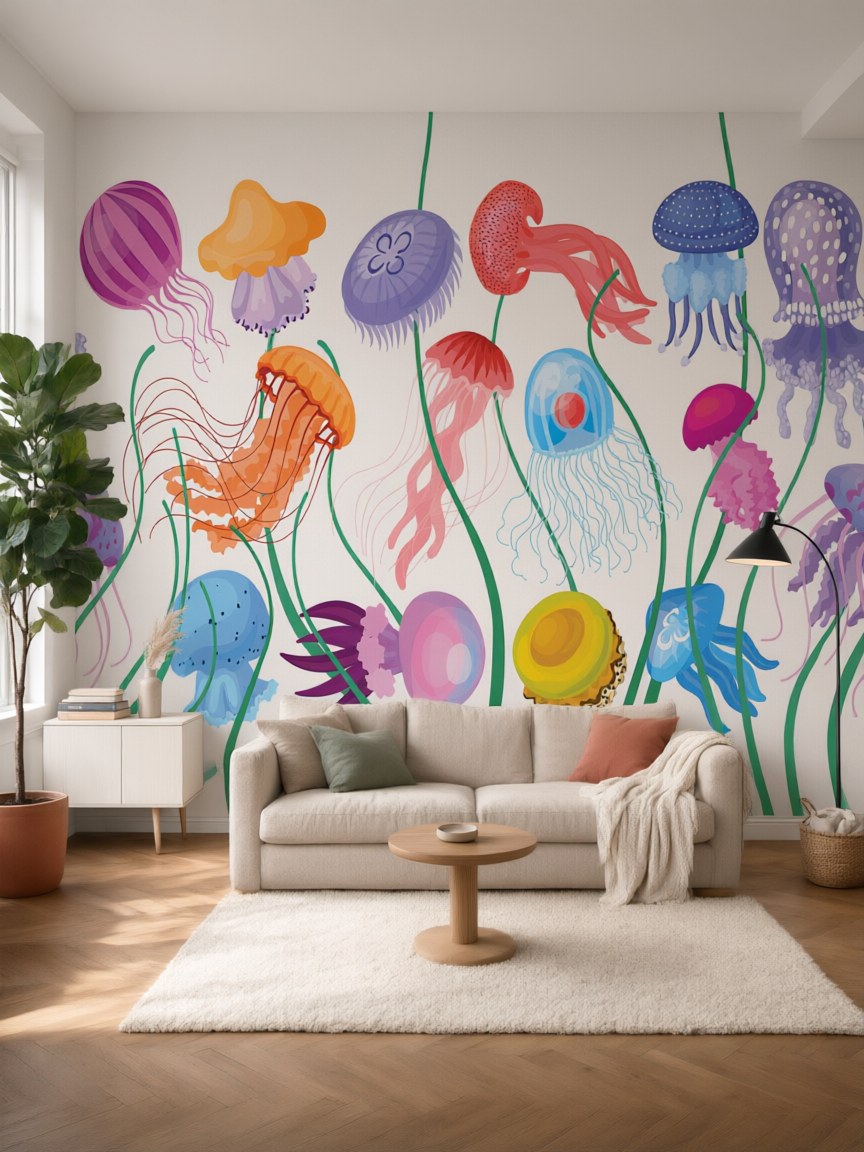Papier peint panoramique Méduses colorées posé au mur, vue 5