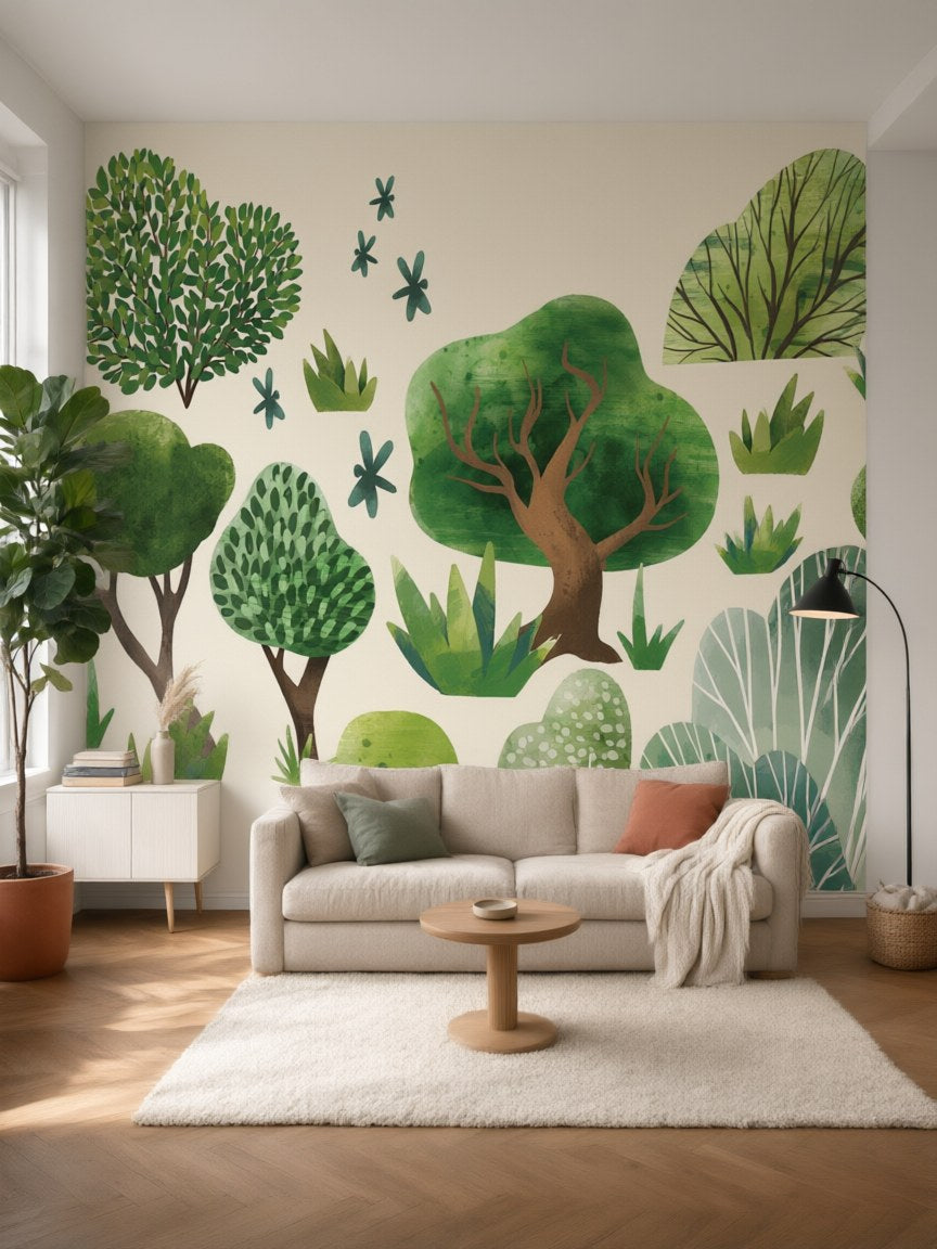 Papier peint panoramique Arbres aquarelle posé au mur, vue 5