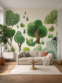 Papier peint panoramique Arbres aquarelle posé au mur, vue 5