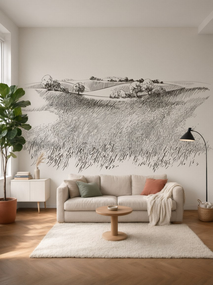 Papier peint panoramique Champ au crayon posé au mur, vue 5