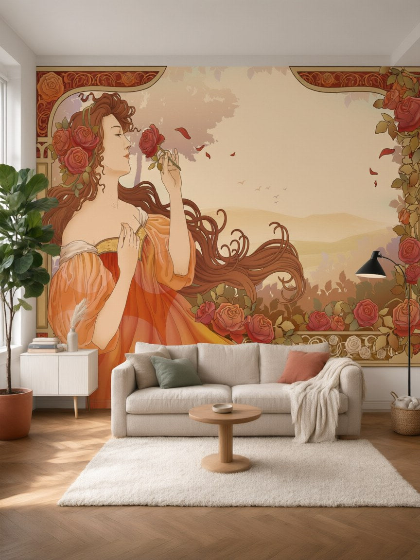 Papier peint panoramique Dame aux roses Art nouveau posé dans un salon