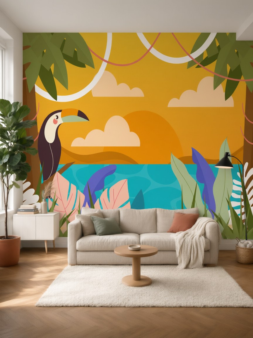 Papier peint panoramique Toucan à la plage posé au mur, vue 5