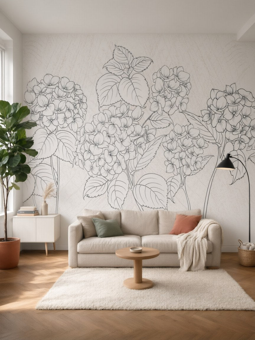 Papier peint panoramique Hortensias au trait posé au mur, vue 5
