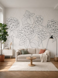 Papier peint panoramique Hortensias au trait posé au mur, vue 5