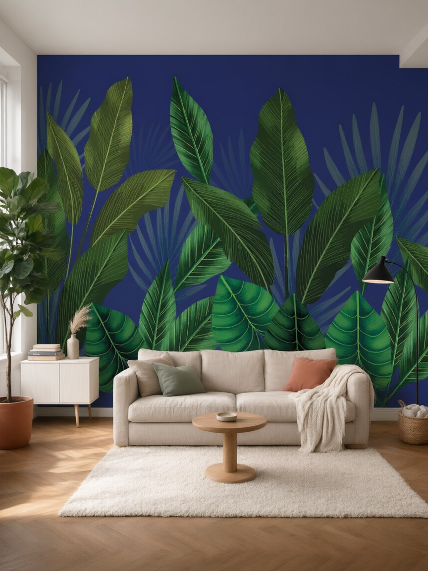 Papier peint panoramique Feuilles tropicales posé au mur, vue 5