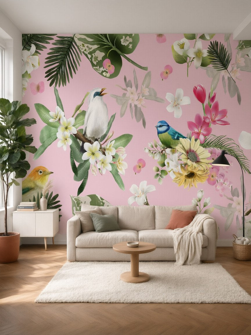 Papier peint panoramique Oiseaux exotiques posé dans un salon