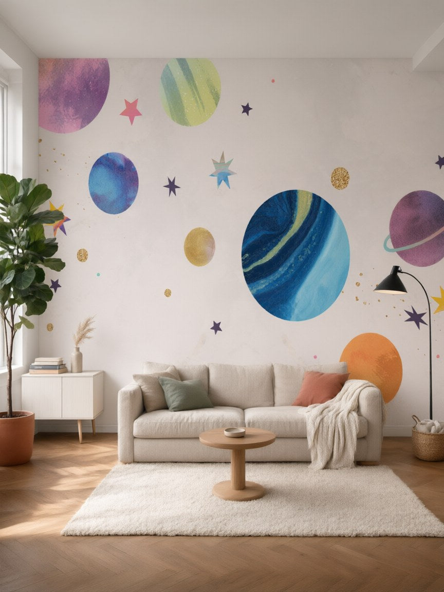 Papier peint panoramique Planètes posé dans un salon