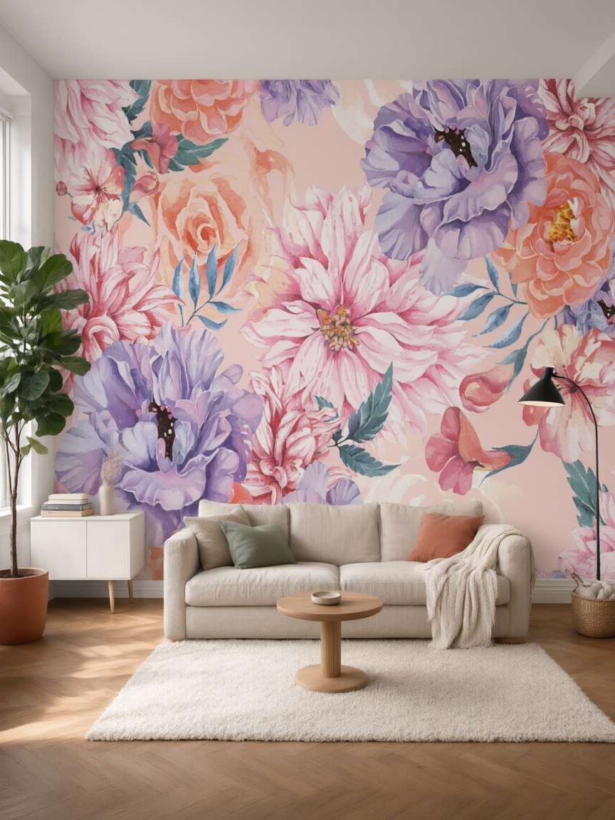 Papier peint panoramique Pivoines aquarelle posé au mur, vue 5