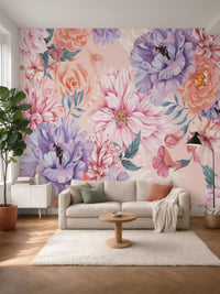 Papier peint panoramique Pivoines aquarelle posé au mur, vue 5