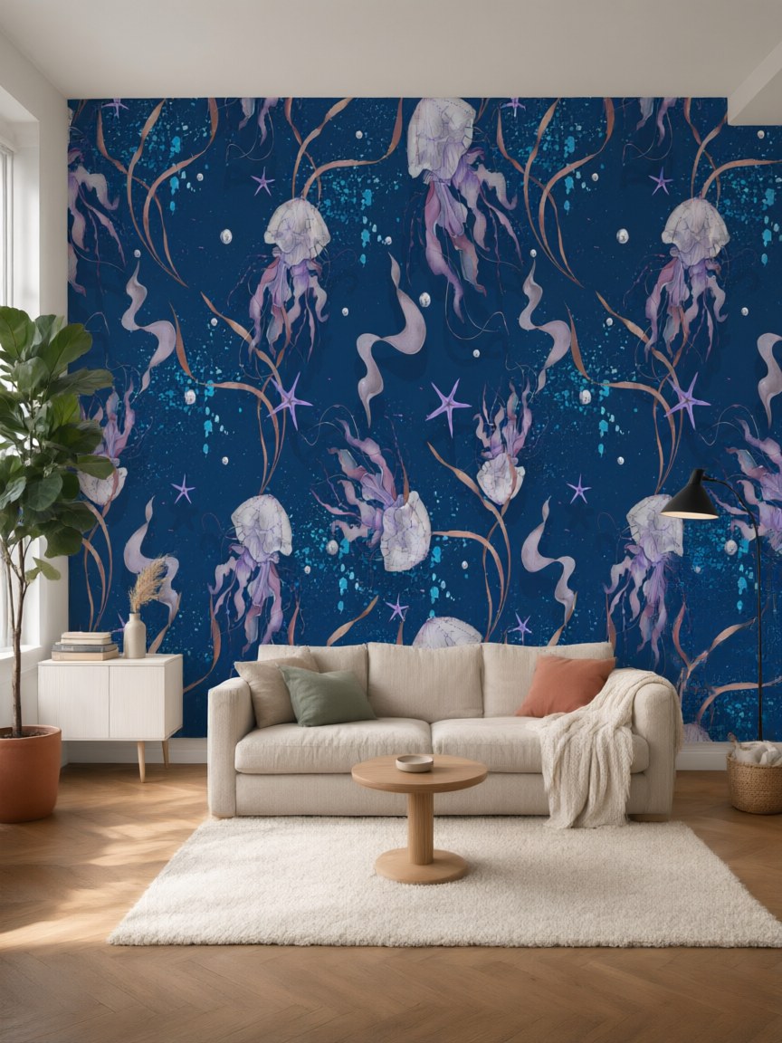 Papier peint panoramique Méduses posé au mur, vue 5