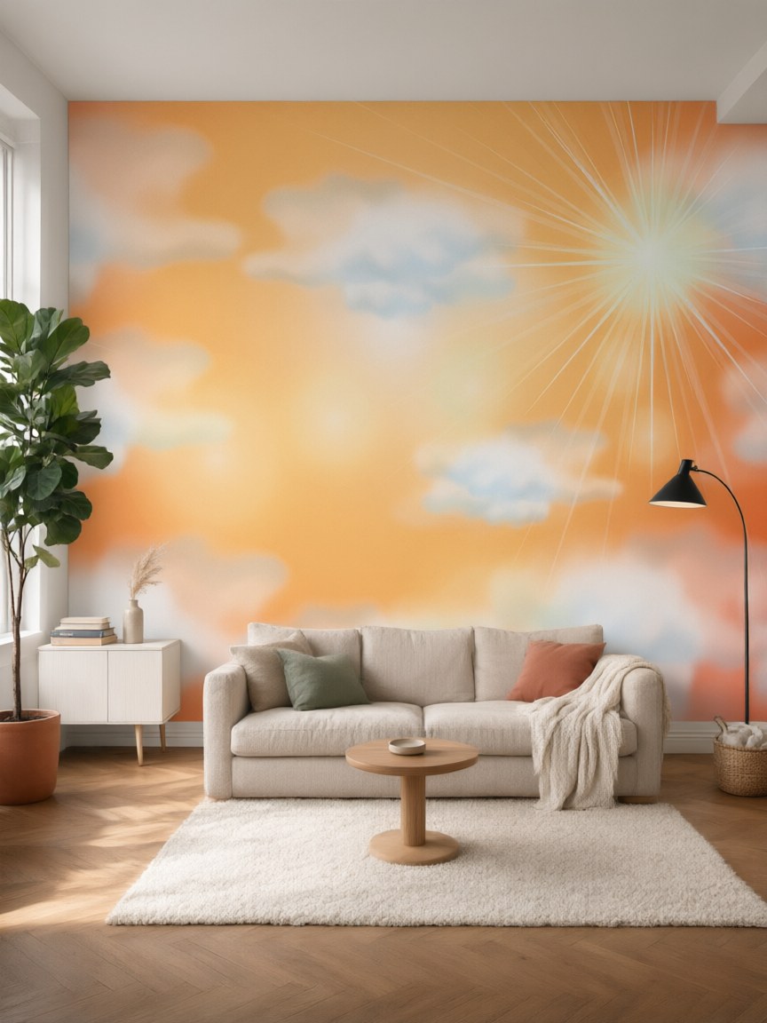 Papier peint panoramique Ciel ensoleillé posé au mur, vue 5
