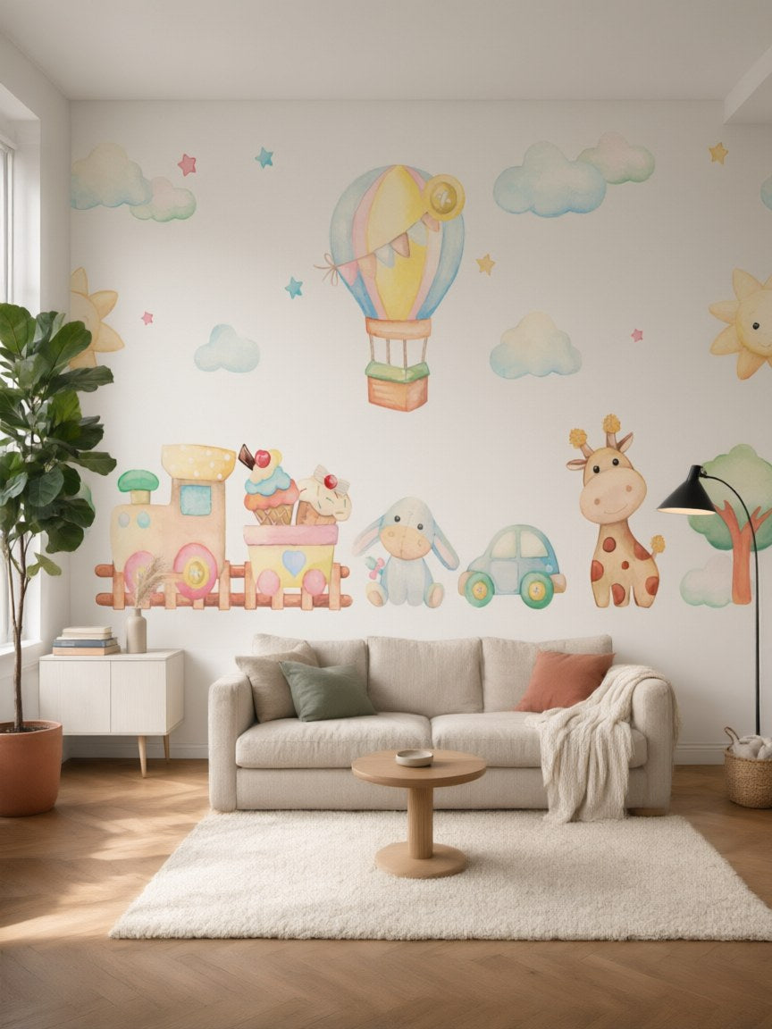 Papier peint panoramique Jouets aquarelle posé au mur, vue 5