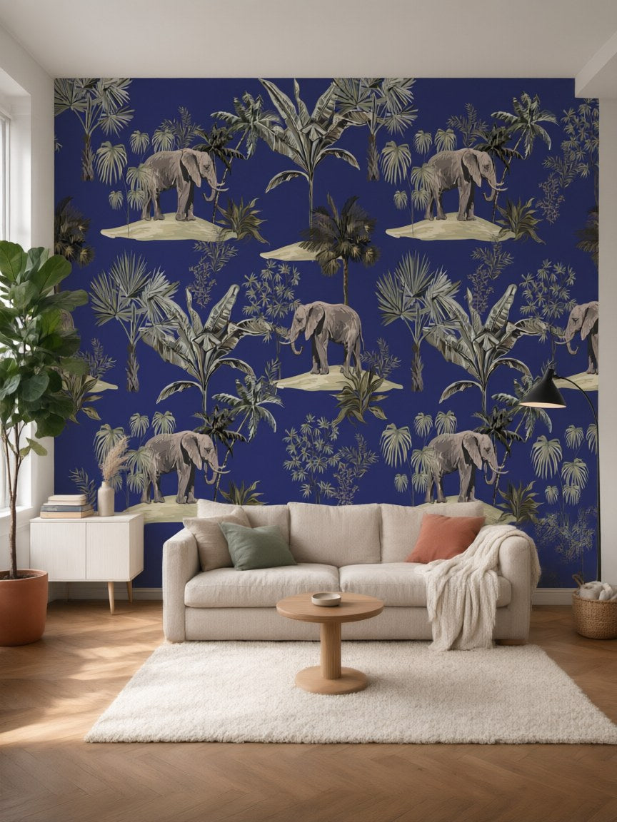 Papier peint panoramique Éléphants et palmiers posé au mur, vue 5