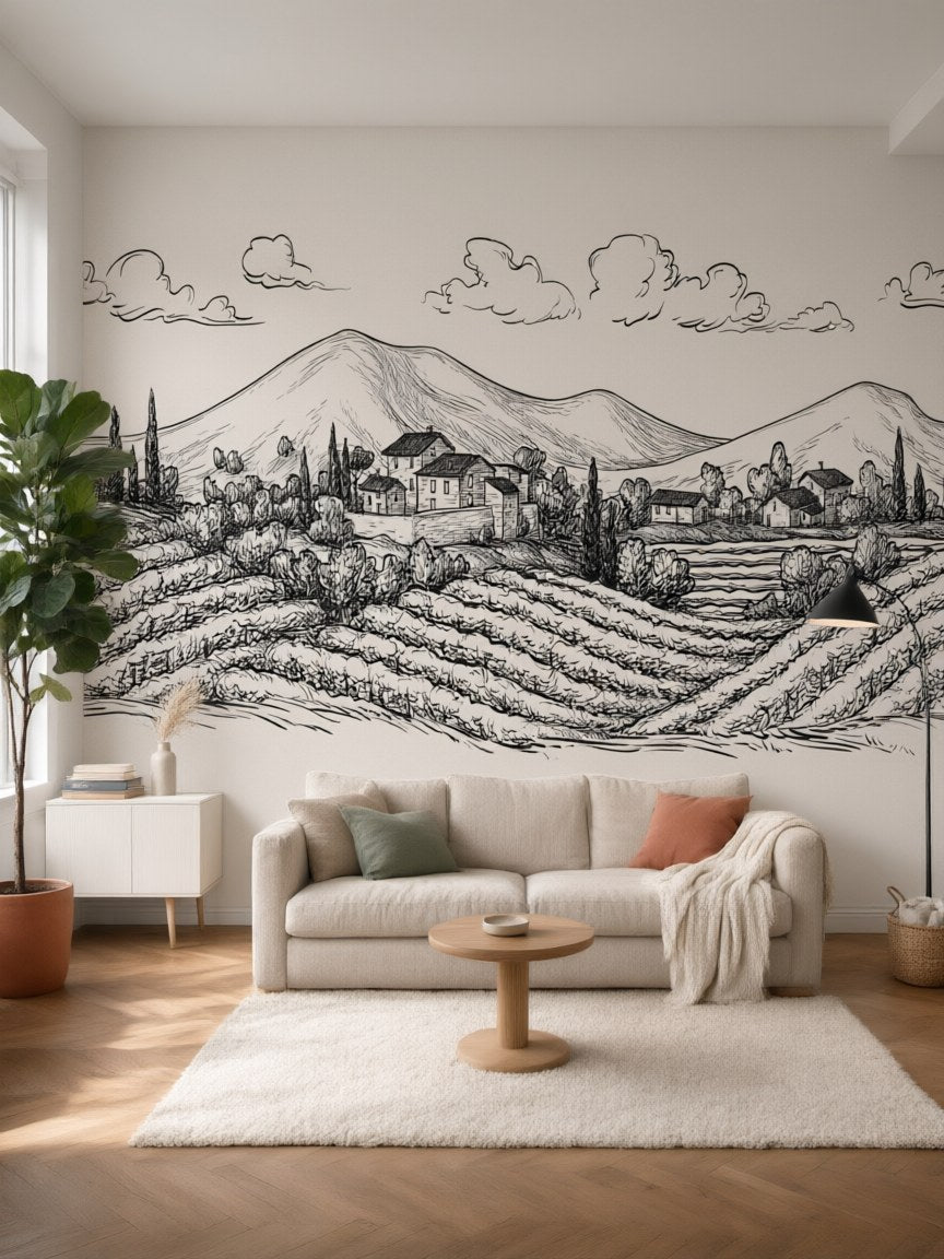 Papier peint panoramique Campagne italienne posé au mur, vue 5