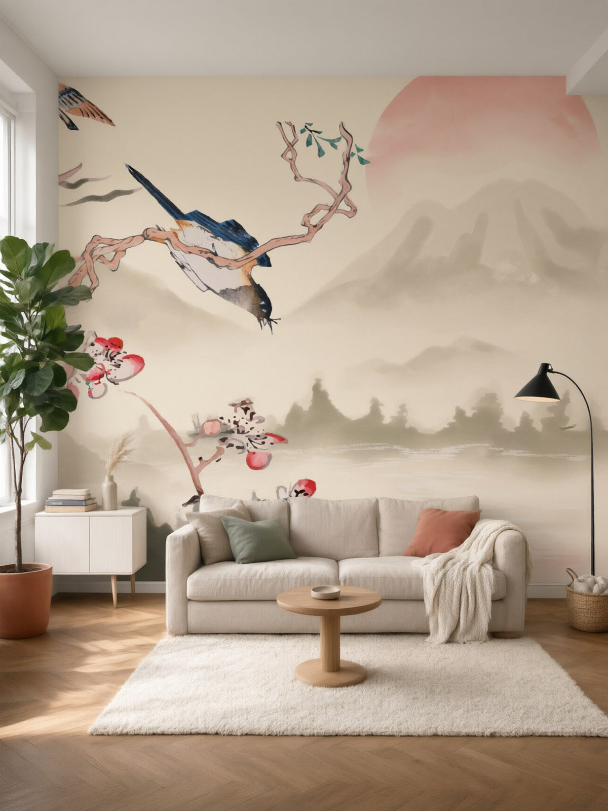Papier peint panoramique estampe chinoise au soleil levant posé dans un salon