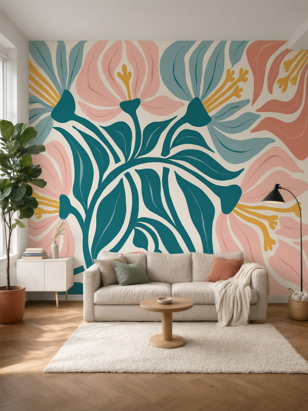 Papier peint panoramique Grandes fleurs posé au mur, vue 2