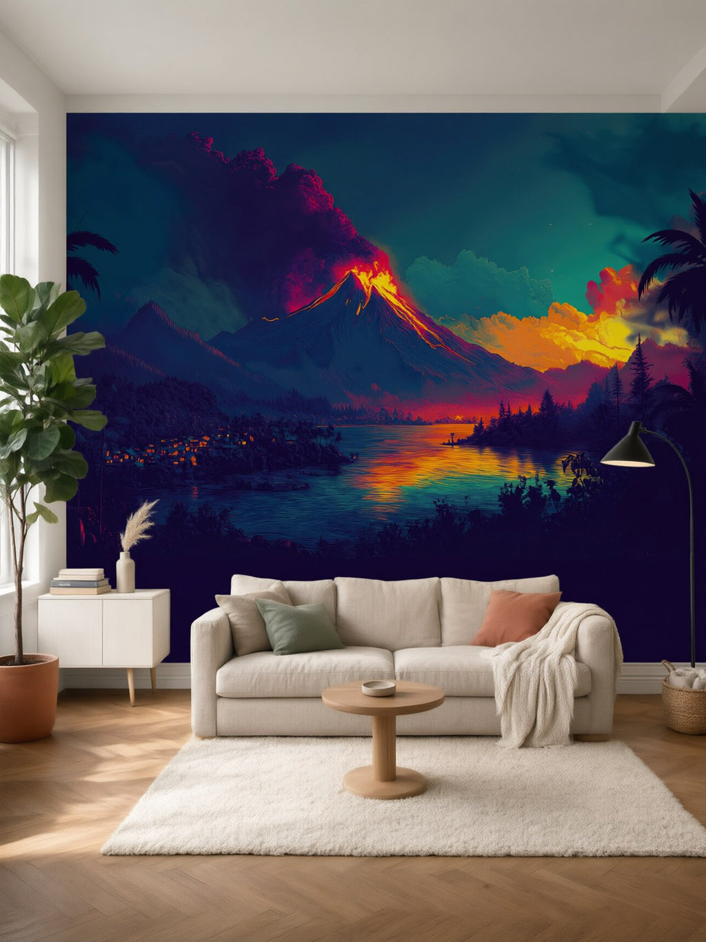 Papier peint panoramique Volcan en éruption posé au mur, vue 2