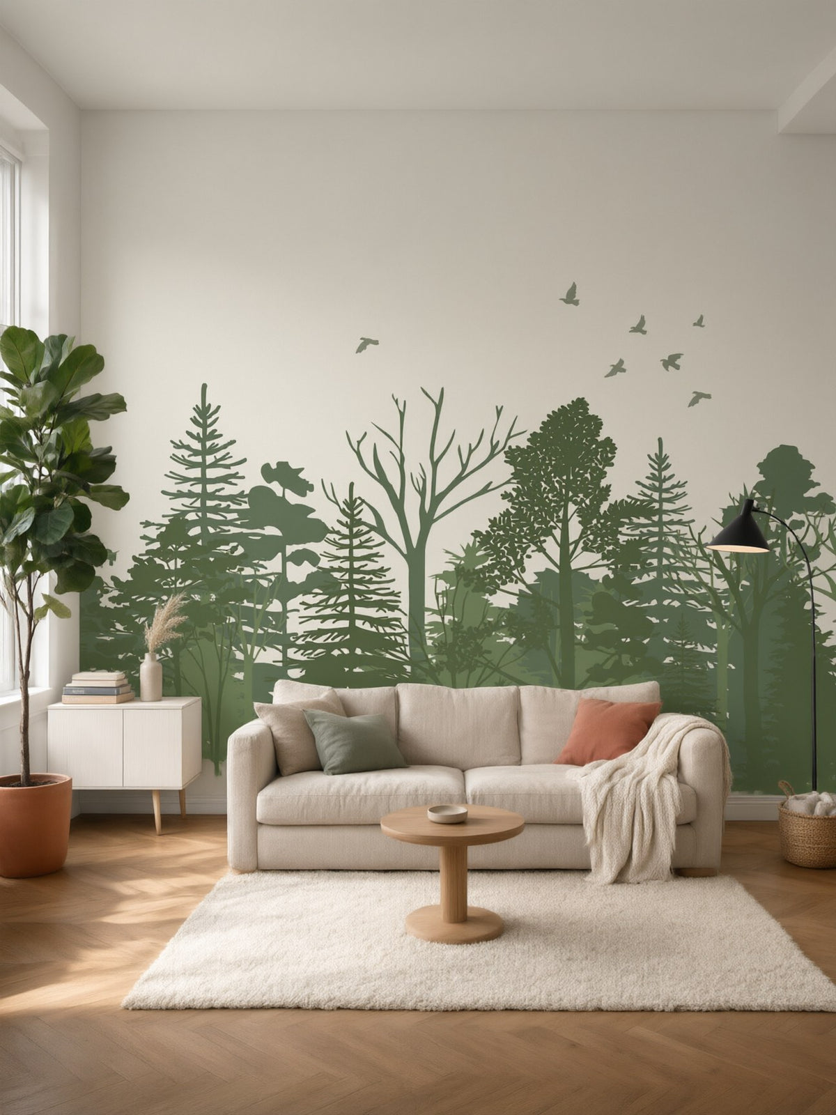 Papier peint panoramique Forêt en silhouettes posé au mur, vue 2