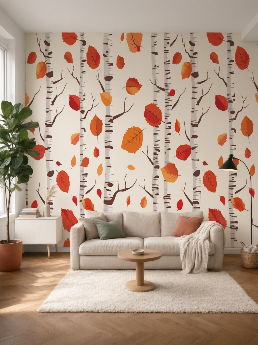 Papier peint panoramique Bouleaux d’automne posé au mur, vue 2