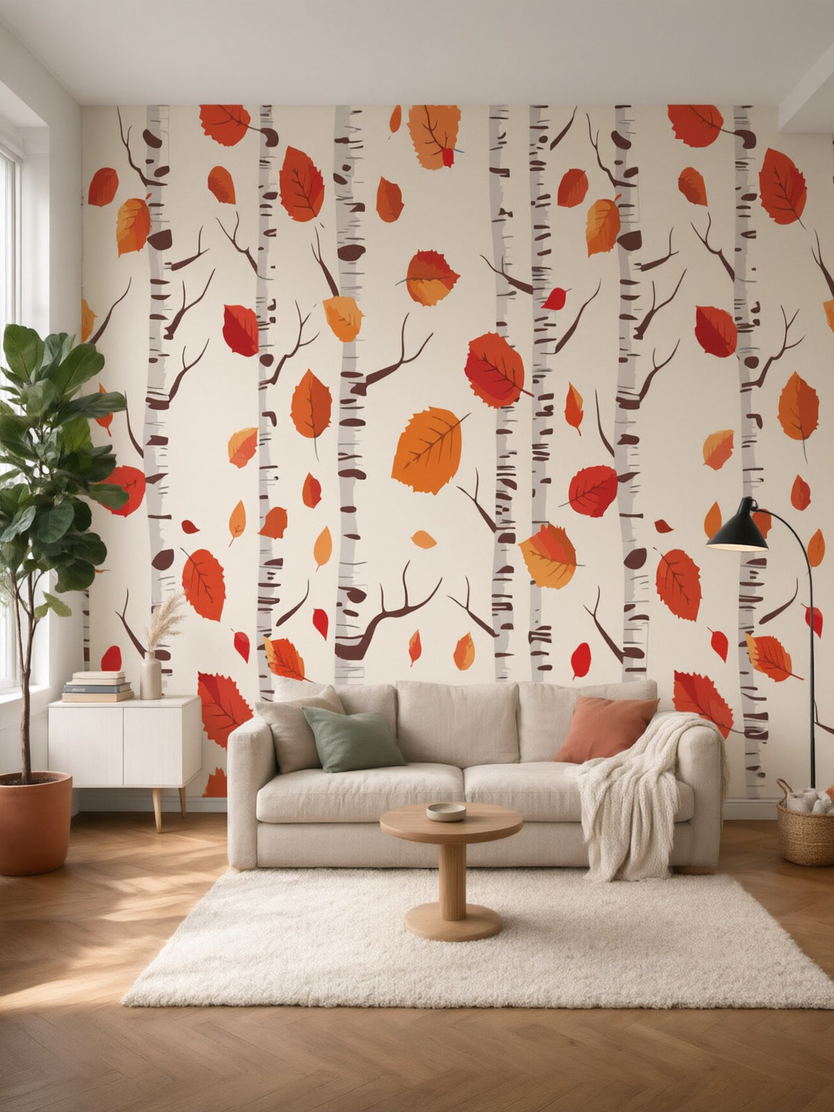 Papier peint panoramique Bouleaux d’automne posé au mur, vue 2