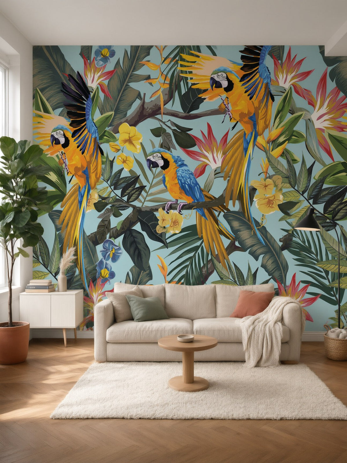 Papier peint panoramique Aras tropicaux posé au mur, vue 2