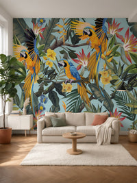 Papier peint panoramique Aras tropicaux posé au mur, vue 2