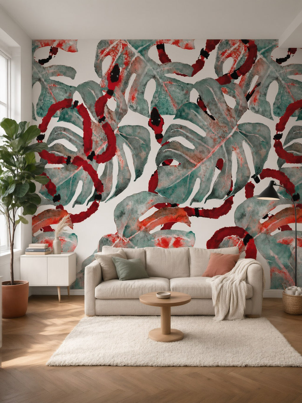 Papier peint panoramique Monstera et serpents posé dans un salon