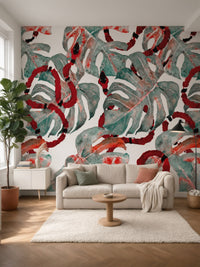 Papier peint panoramique Monstera et serpents posé dans un salon