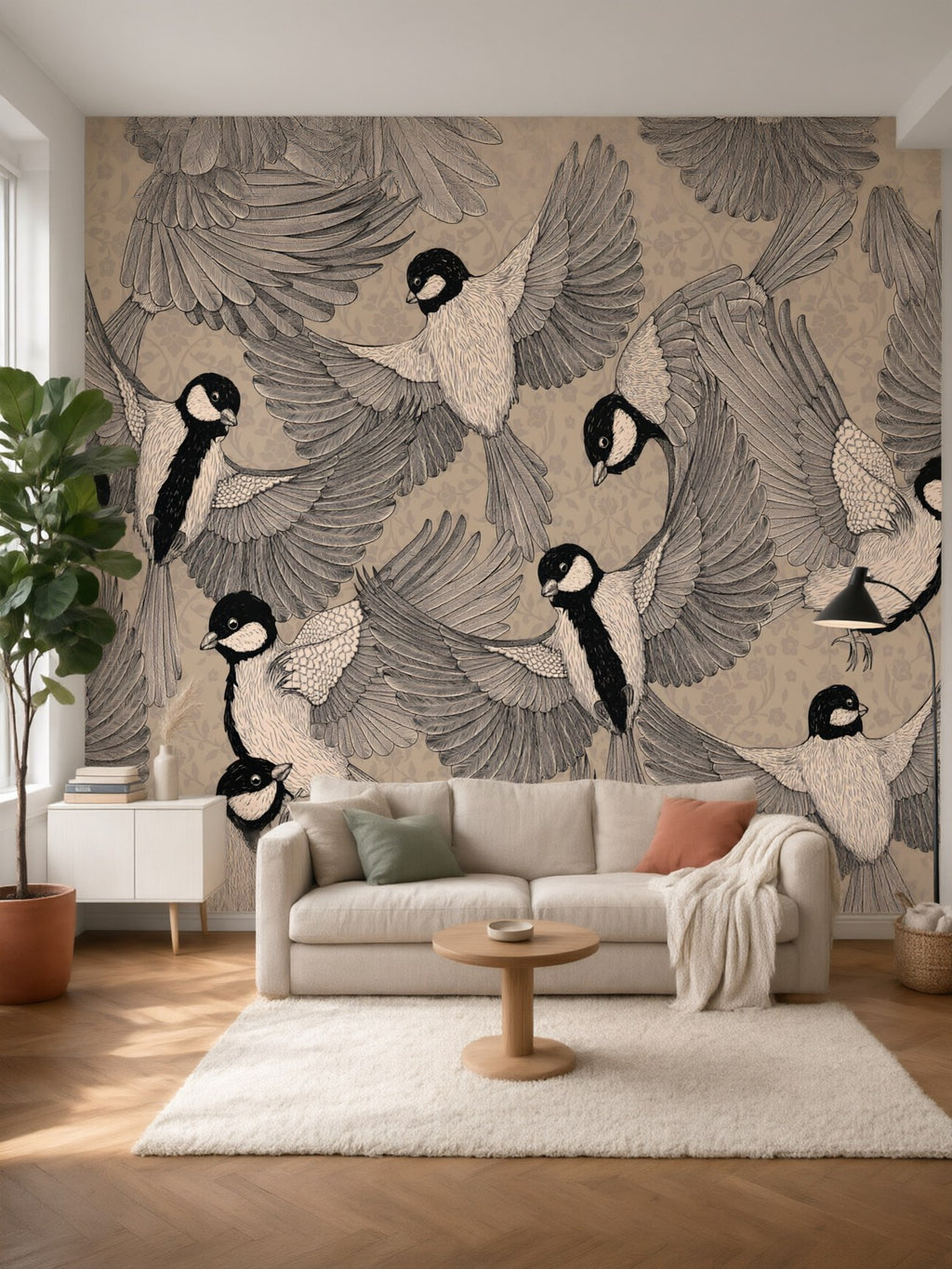 Papier peint panoramique Envol de mésanges posé dans un salon