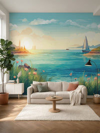 Papier peint panoramique Mer et voilier posé au mur, vue 2