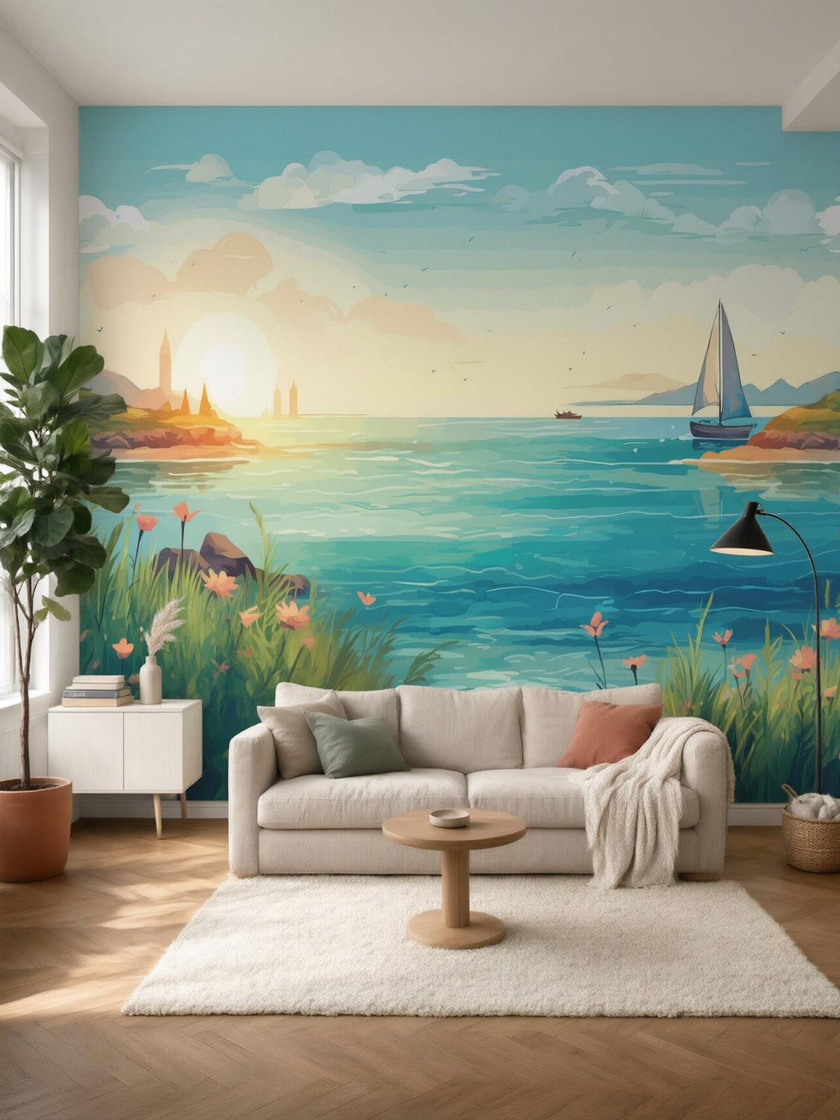 Papier peint panoramique Mer et voilier posé au mur, vue 2