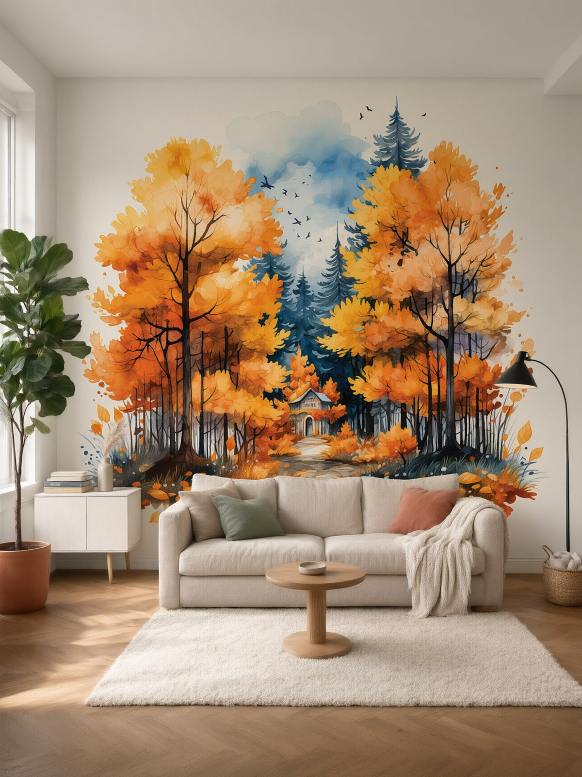 Papier peint panoramique Forêt d’automne aquarelle posé au mur, vue 2
