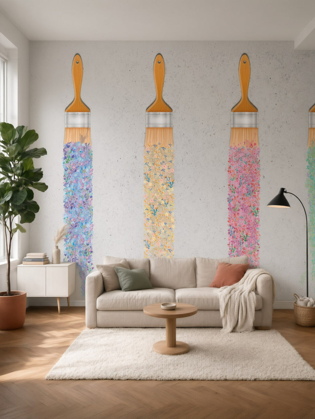 Papier peint panoramique Pinceaux fleuris posé au mur, vue 2