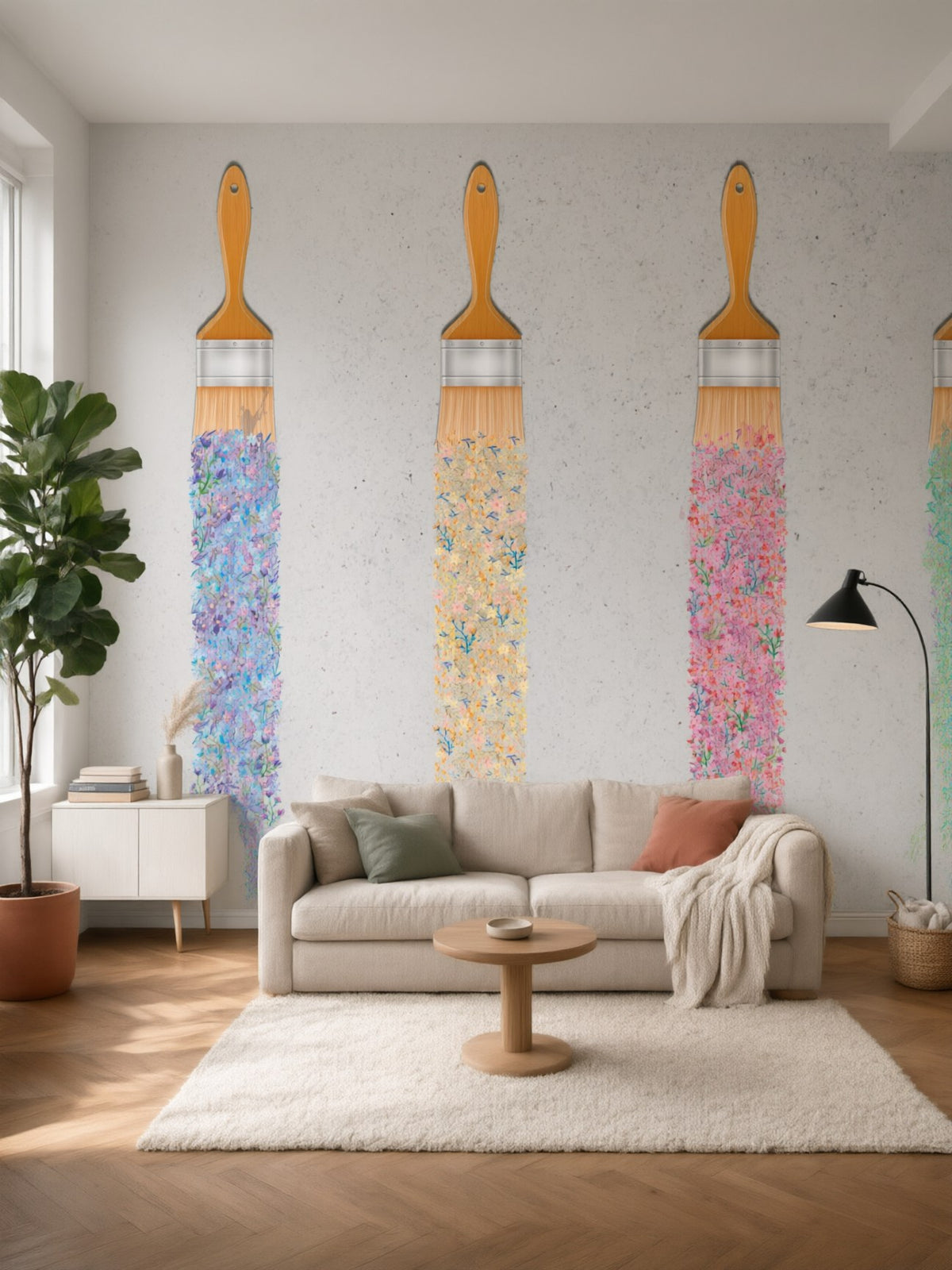 Papier peint panoramique Pinceaux fleuris posé au mur, vue 2