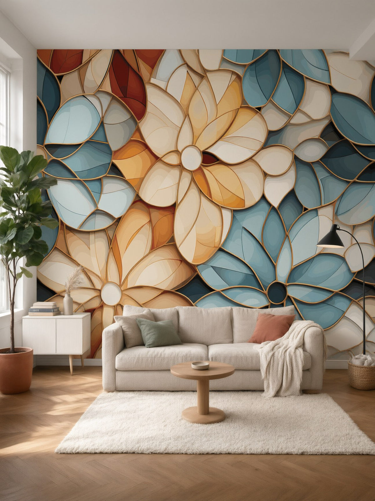 Papier peint panoramique Vitrail floral posé au mur, vue 2