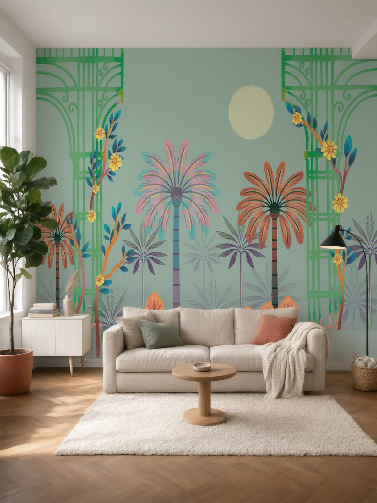 Papier peint panoramique Oasis de palmiers posé dans un salon