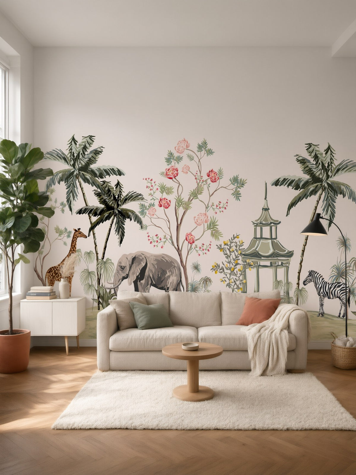 Papier peint panoramique Pagode et animaux posé au mur, vue 2