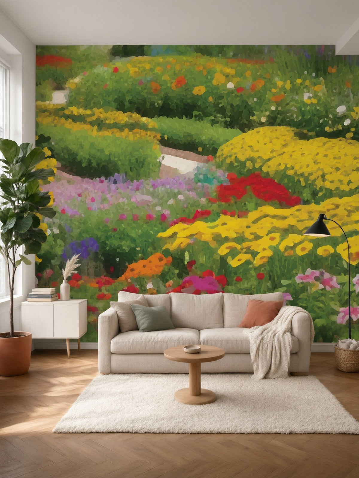 Papier peint panoramique Jardin fleuri posé au mur, vue 2