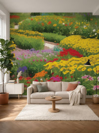 Papier peint panoramique Jardin fleuri posé au mur, vue 2