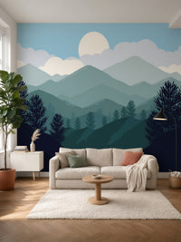 Papier peint panoramique Montagnes vertes posé au mur, vue 2