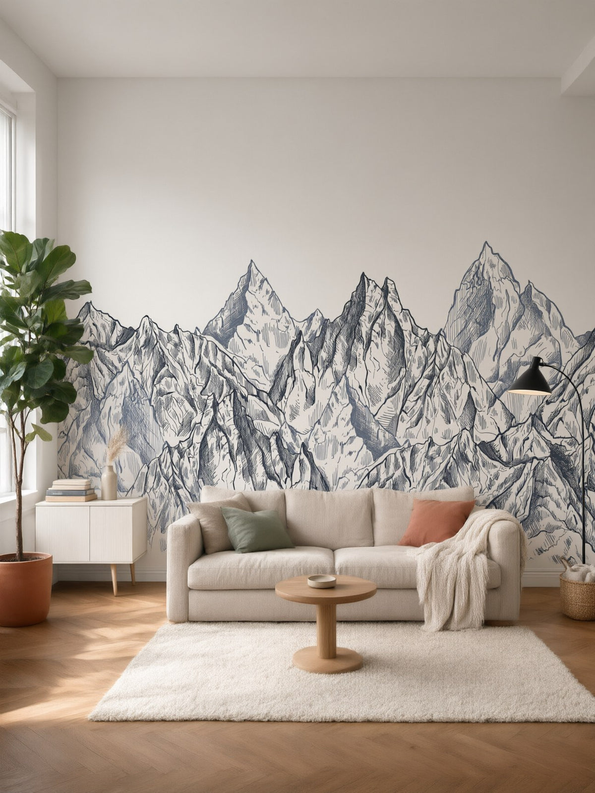Papier peint panoramique Montagnes gravées posé au mur, vue 2