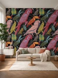 Papier peint panoramique Perroquets et toucans posé au mur, vue 2