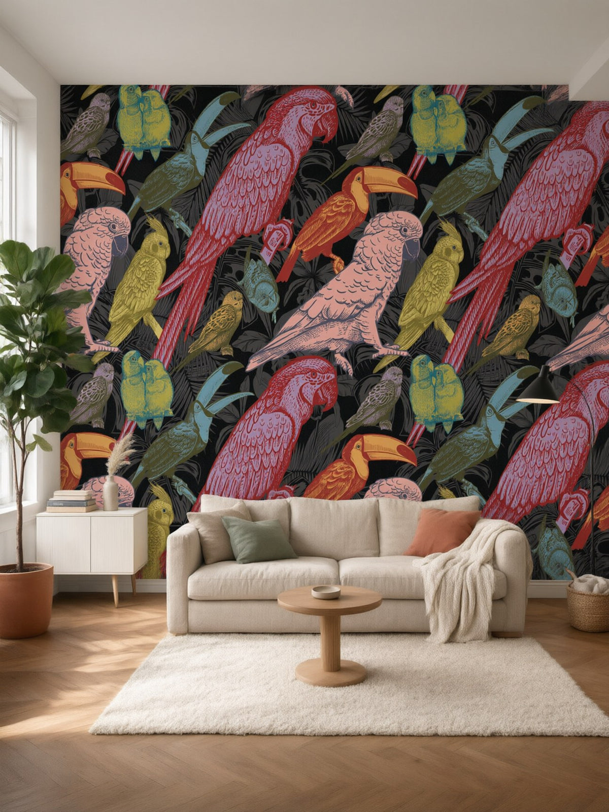 Papier peint panoramique Perroquets et toucans posé au mur, vue 2