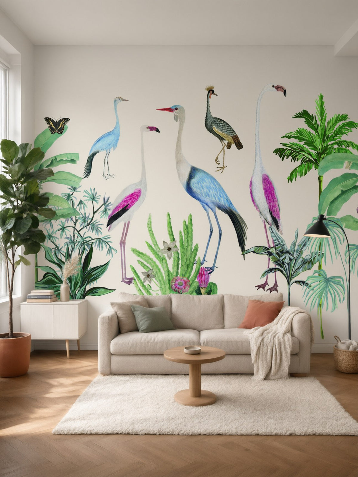 Papier peint panoramique Flamants et échassiers posé au mur, vue 2