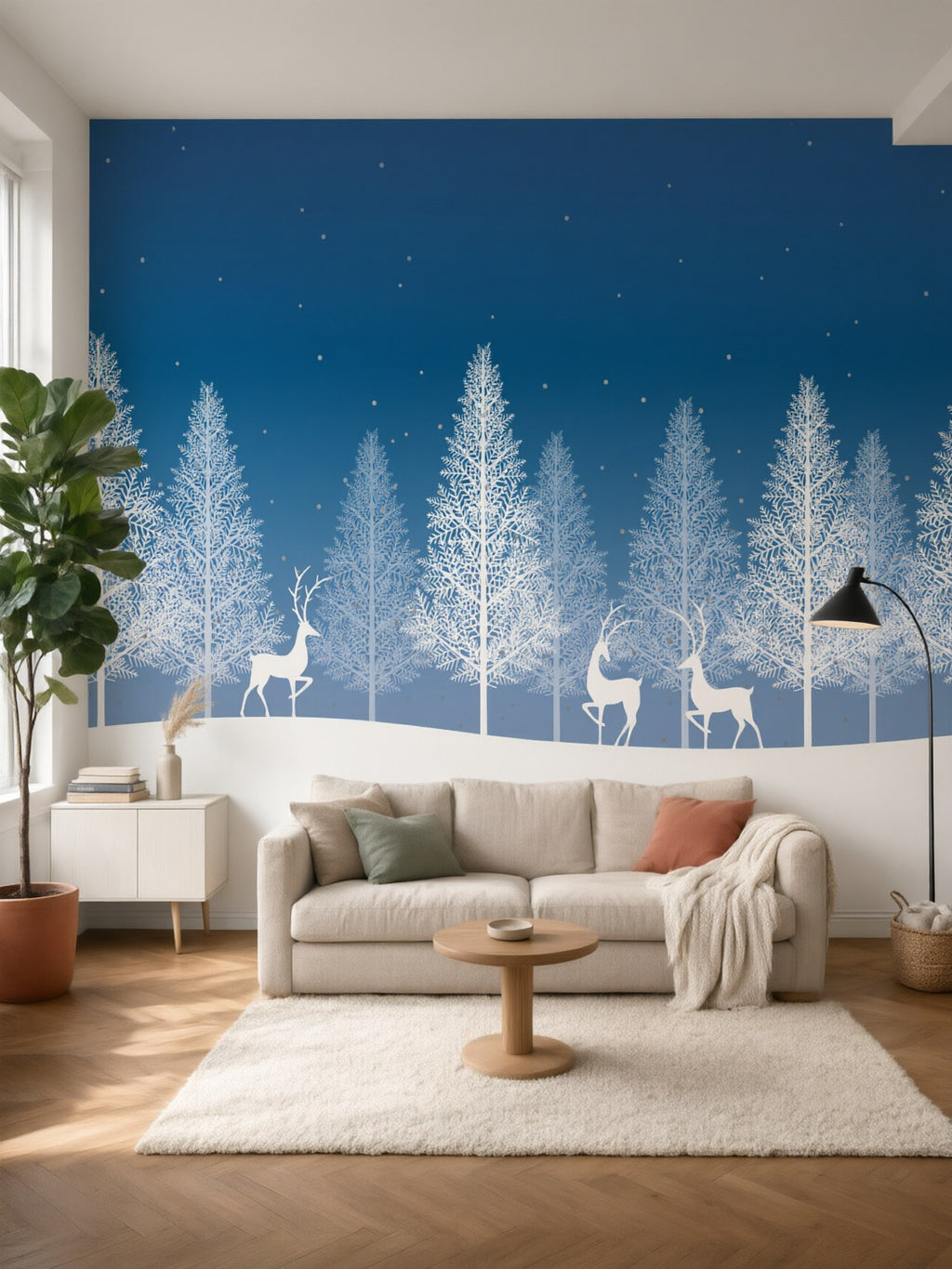 Papier peint panoramique Forêt enneigée et cerfs posé au mur, vue 2