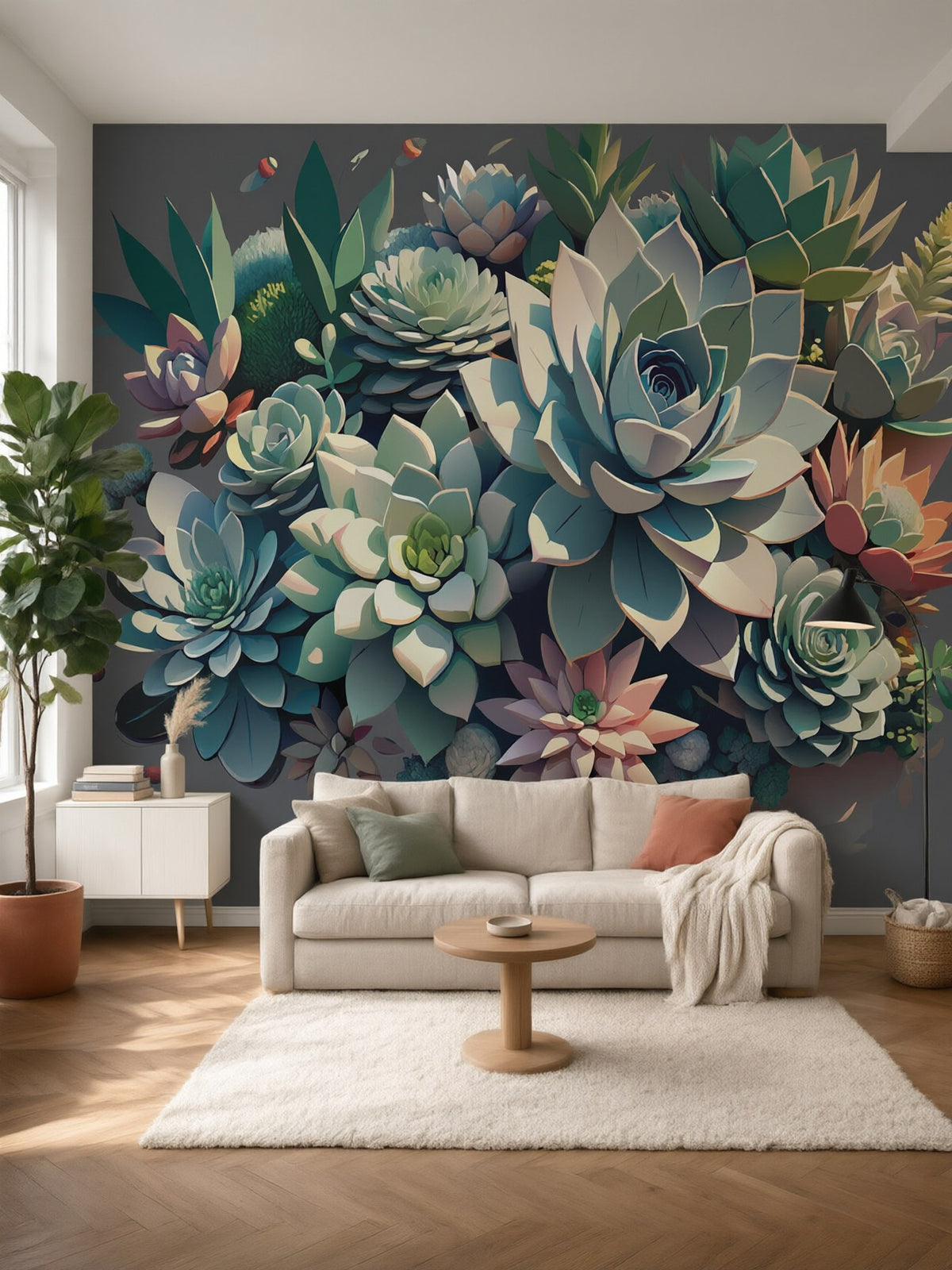 Papier peint panoramique Succulentes en relief posé au mur, vue 2